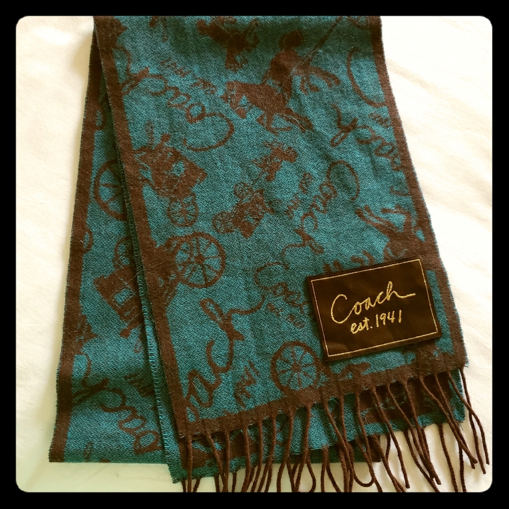 Like New Coach Teal & Brown Wool/Cashmere Scarf